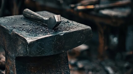 A hammer on an anvil in a blacksmith shop