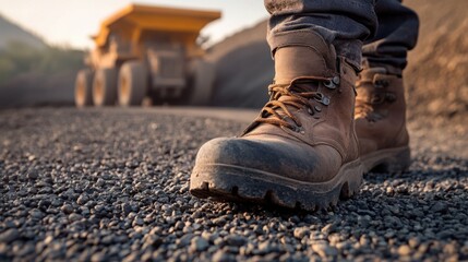 Close-up of a man's worn brown work boots on a gravel road, with a large piece of construction equipment in the soft-focus background. The scene evokes a sense of hard work and resilience.