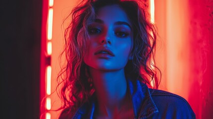 Fototapeta premium A woman in a denim jacket standing in front of a neon sign
