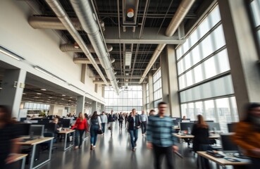 Busy office interior with people walking in blurred motion. Modern space with high ceilings large windows, exposed ductwork. Workers move through open-plan office area. Urban contemporary design.