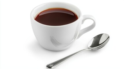 A cup of coffee with a spoon on a white background