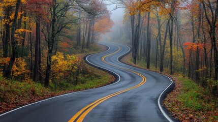 Fototapeta premium A winding road in the middle of a forest in the fall