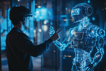 Person talking to a holographic robot in a digital blue background with visual overlays