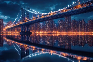 Naklejka premium A bridge over calm waters, illuminated by the reflection of vibrant city lights.