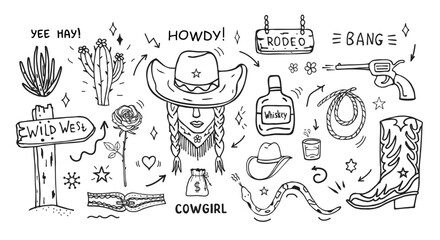 A vector set with a cowgirl, a revolver, a cactus, a cowboy boot, a rose, whiskey, a rope, a pointer to the Wild West and a snake. Lettering and inscriptions. Hand-drawn doodle illustrations © Natalya