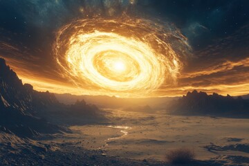 A cosmic portal hovering with mystery above a desert landscape at night.