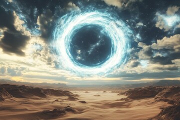 A glowing cosmic portal hovers mysteriously over a desert, its light illuminating the sands. This scene represents exploration, imagination, and the allure of otherworldly realms.