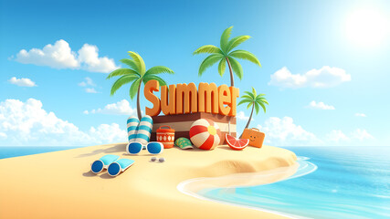 Obraz premium 3D Realistic Summer Vacation Design for Travel with Summer Items on Sand Beach Island on Horizon. Vector Illustration. Generative AI