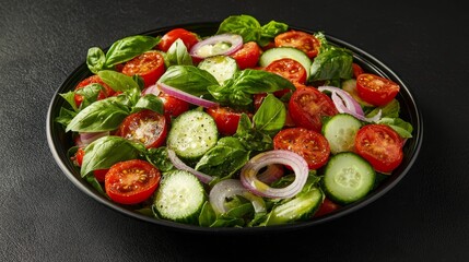 A black plate topped with a salad of tomatoes, cucumbers and onions