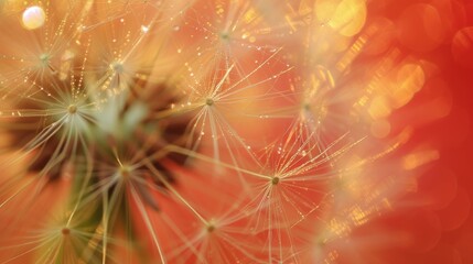 A beautiful close-up of dandelion seeds with delicate details, illuminated by a warm golden glow and set against a soft orange bokeh background. AI generated.