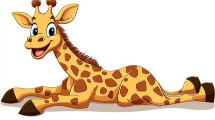 Fototapeta premium A cartoon giraffe laying down on a white background