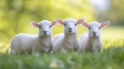 Obraz premium Three white lambs are standing in a grassy field