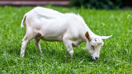 Obraz premium A small white goat grazing in a field of green grass