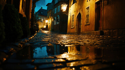 A rainy cobblestone street illuminated by vintage lanterns, creating a soft glow on the wet...