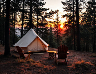 Camping tent with wooden chairs surrounded by pine trees at sunset
