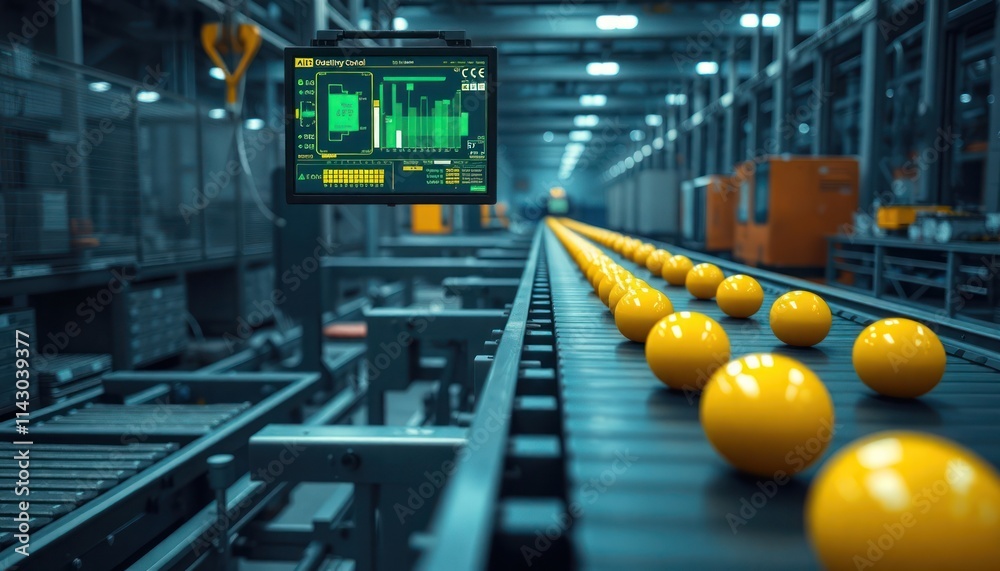 Poster automated quality control system inspects products on assembly line. ai tech identifies defects in r
