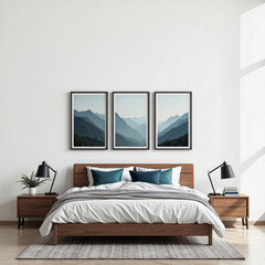 Modern bedroom interior with mountain artwork. A cozy and stylish bedroom with a wooden bed, nightstands, lamps, and mountain-themed framed prints.