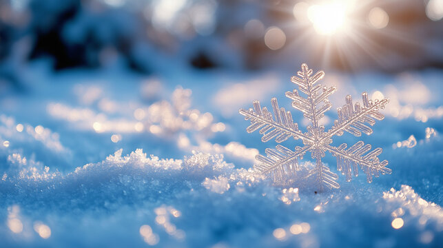 Closeup of Sparkling Snowflake in Winter Sunlight with Blurred Background. Crystal Snowflake Resting on Snow with Sunlit Bokeh for Winter Design. Generative AI