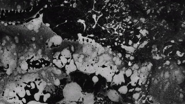 Abstract monochromatic animation of Etching textures and Paint Stains on Paper. Black and white background. 4K Backdrop Overlay seamless loop. Slideshow.