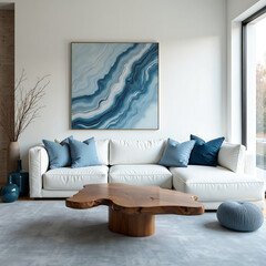 Modern Living Room with Ocean-Inspired Art. The white sectional sofa and unique wood coffee table create a relaxing atmosphere.