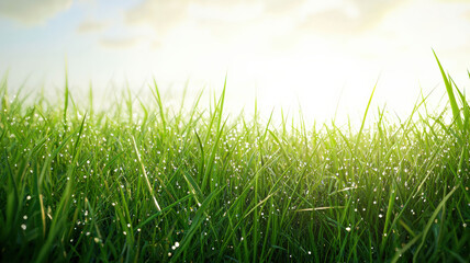 Fototapeta premium A realistic grassy field adorned with glistening dew drops in the morning light, creating a fresh and natural atmosphere. The vibrant green grass sparkles, evoking a sense of tranquility and renewal.