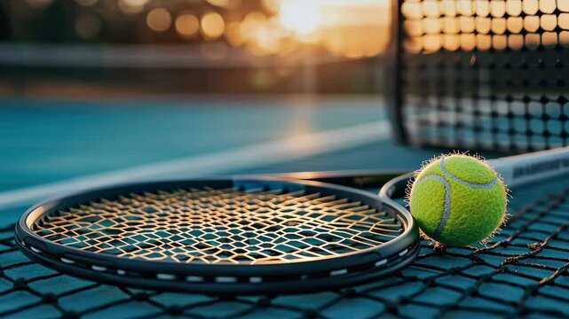 Tennis racket and ball on court at sunset with netting highlighting outdoor competition sport