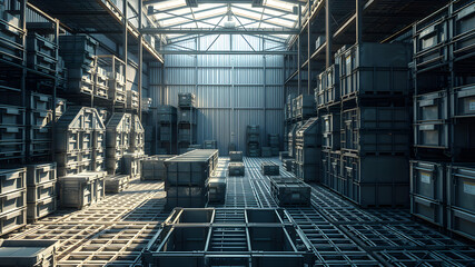 A warehouse with many boxes and crates
