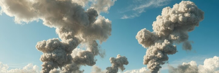 Immense dark smoke plumes billowing against a vibrant blue sky, illustration, environment, clouds