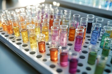 Colorful test tubes in lab rack, science research concept.