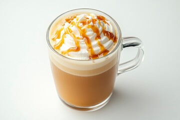 latte coffee with whipped cream with caramel in glass, glass handle, irregular caramel, top view, white background 