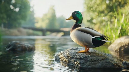 Obraz premium A duck standing on a rock in the water
