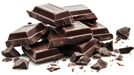 A pile of dark chocolate pieces on a white background