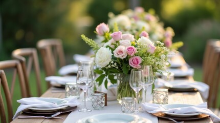 A close-up of a beautifully set garden wedding table adorned with floral centerpieces, elegant tableware, and soft linens, capturing the romantic atmosphere of an outdoor celebration.