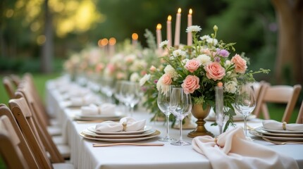 A close-up of a beautifully set garden wedding table adorned with floral centerpieces, elegant tableware, and soft linens, capturing the romantic atmosphere of an outdoor celebration.