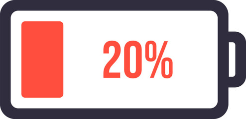 Battery icon displaying a 20 percent charge with a partially filled red bar within a battery symbol against a clean white background, representing limited power