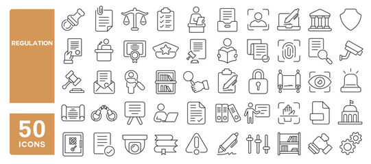 Set of 50 line icons related to regulation, system, law, corporate, agreement, rules, assurance, compliance, guidelines, Editable stroke. Vector illustration