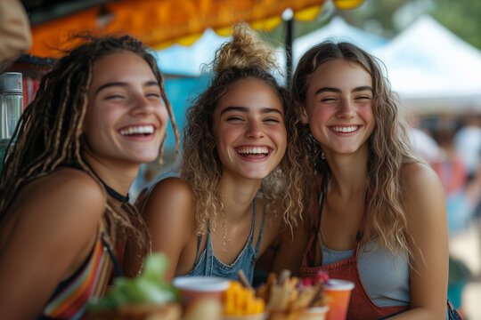 group of friends having fun at a food truck