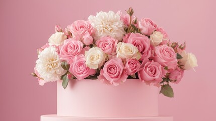 A pink cake with pink and white flowers on top