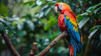 A stunning scarlet macaw with vibrant red, blue, and yellow feathers perched on a branch surrounded by lush green foliage, exuding exotic beauty. AI generated.
