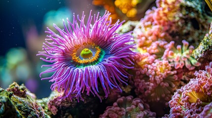 A purple sea anemone in an aquarium filled with colorful corals