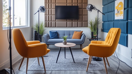 Fototapeta premium Modern cozy lounge area with vibrant yellow chairs, blue sofa, acoustic panels, and studio lighting creating a stylish setup