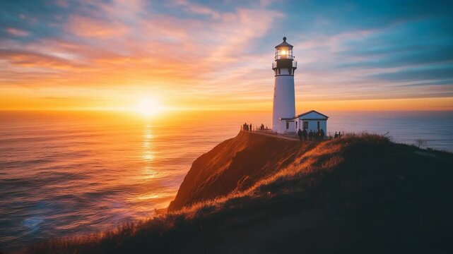 Stunning sunset view of a white lighthouse on a cliff with people strolling nearby