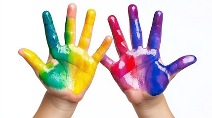 Two hands painted in bright colors on a white background