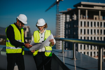 Two architects in hard hats and safety vests discuss building plans on a rooftop with skyscrapers...