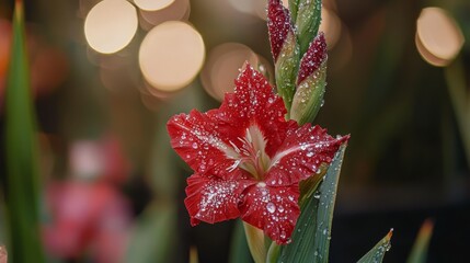 A red flower with water droplets on it