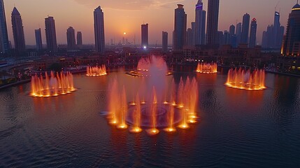 Fototapeta premium A vibrant fountain display illuminated at sunset, surrounded by skyscrapers.