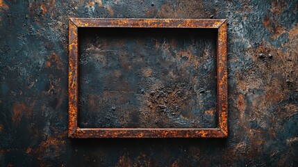 A rusty metal frame on a dark blue wall