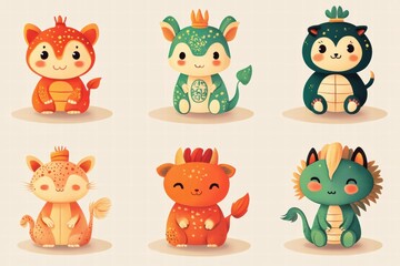Fototapeta premium Cute cartoon animals celebrating Chinese New Year with festive decorations and vibrant colors