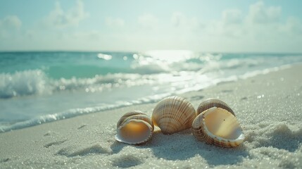 Obraz premium Three seashells on a sandy beach with the ocean in the background