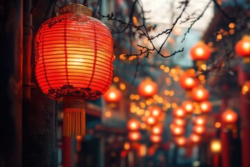 Celebrating Chinese New Year with vibrant red lanterns illuminating a festive street